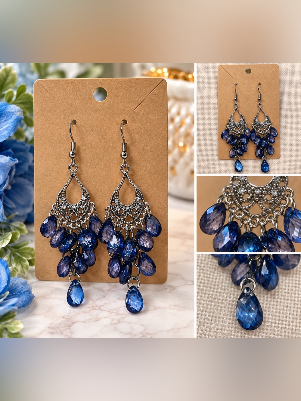 Blue Crystal Chandelier Earrings | Silver Tone Statement Earrings